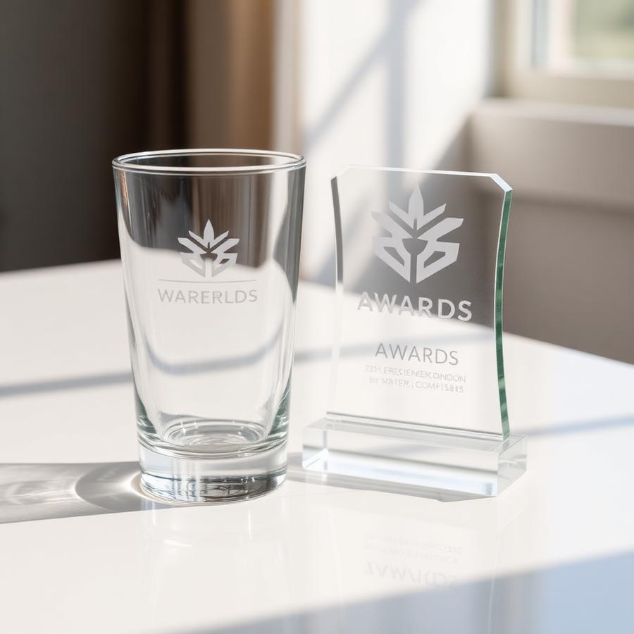 Engraved glass tumbler and etched acrylic award