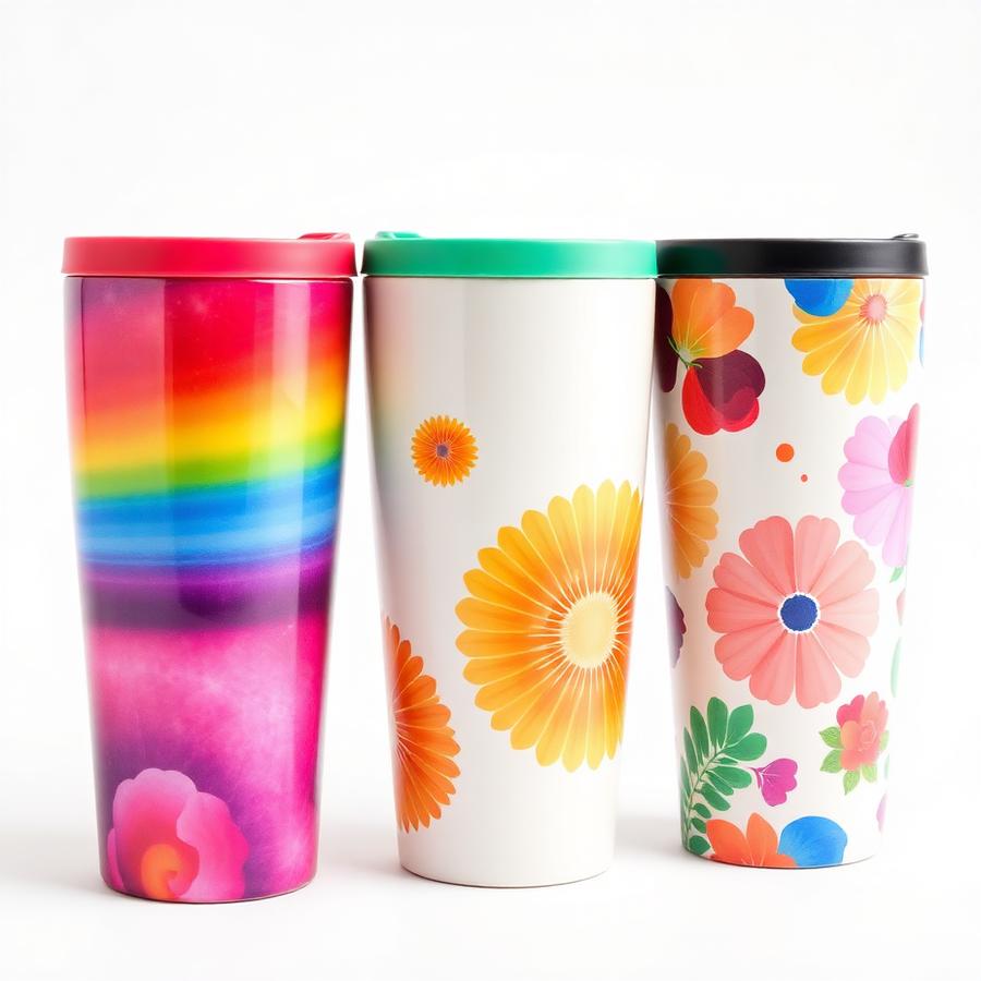 Sublimated tumblers with colorful custom patterns