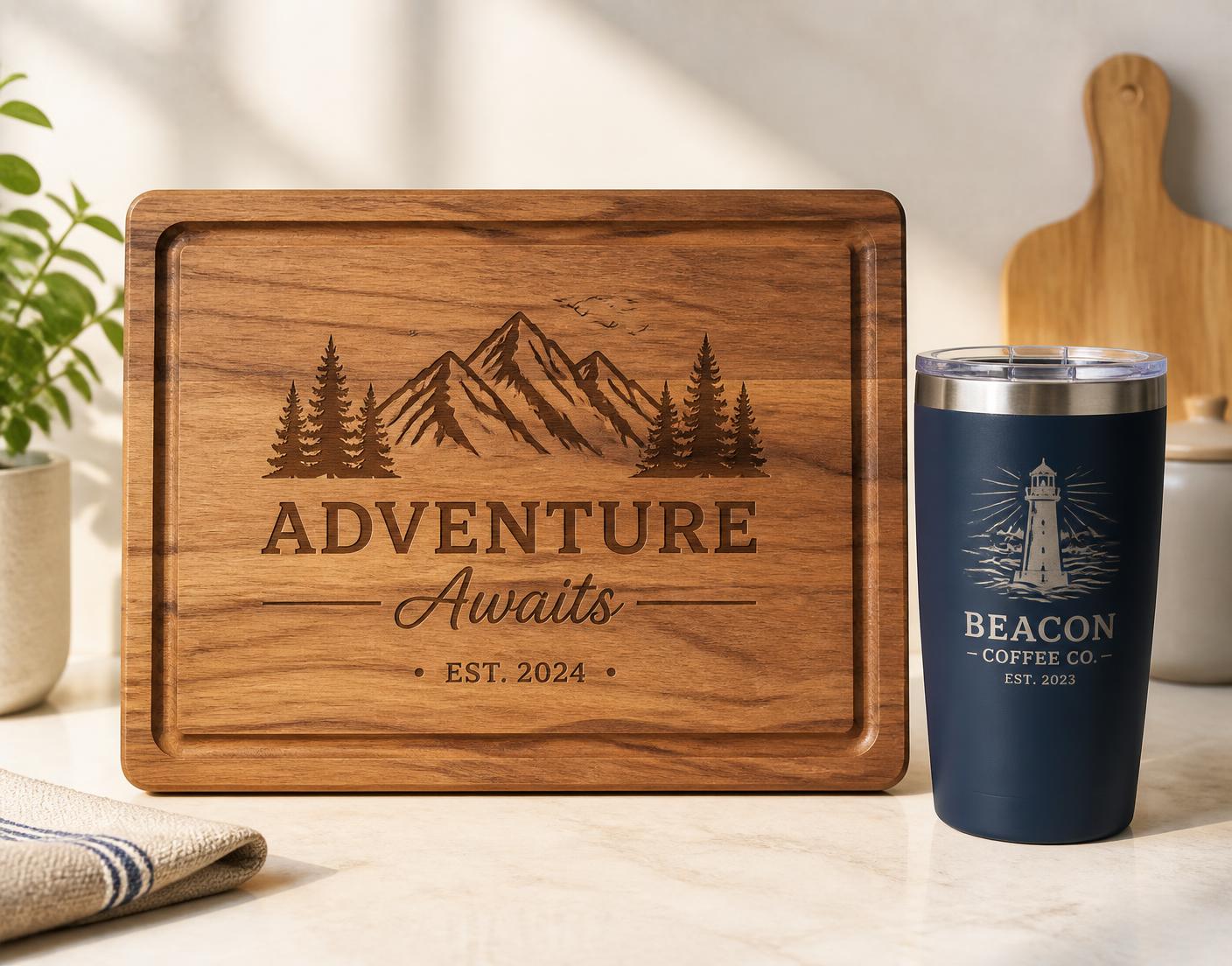 Laser-engraved wooden cutting board and engraved powder-coated tumbler